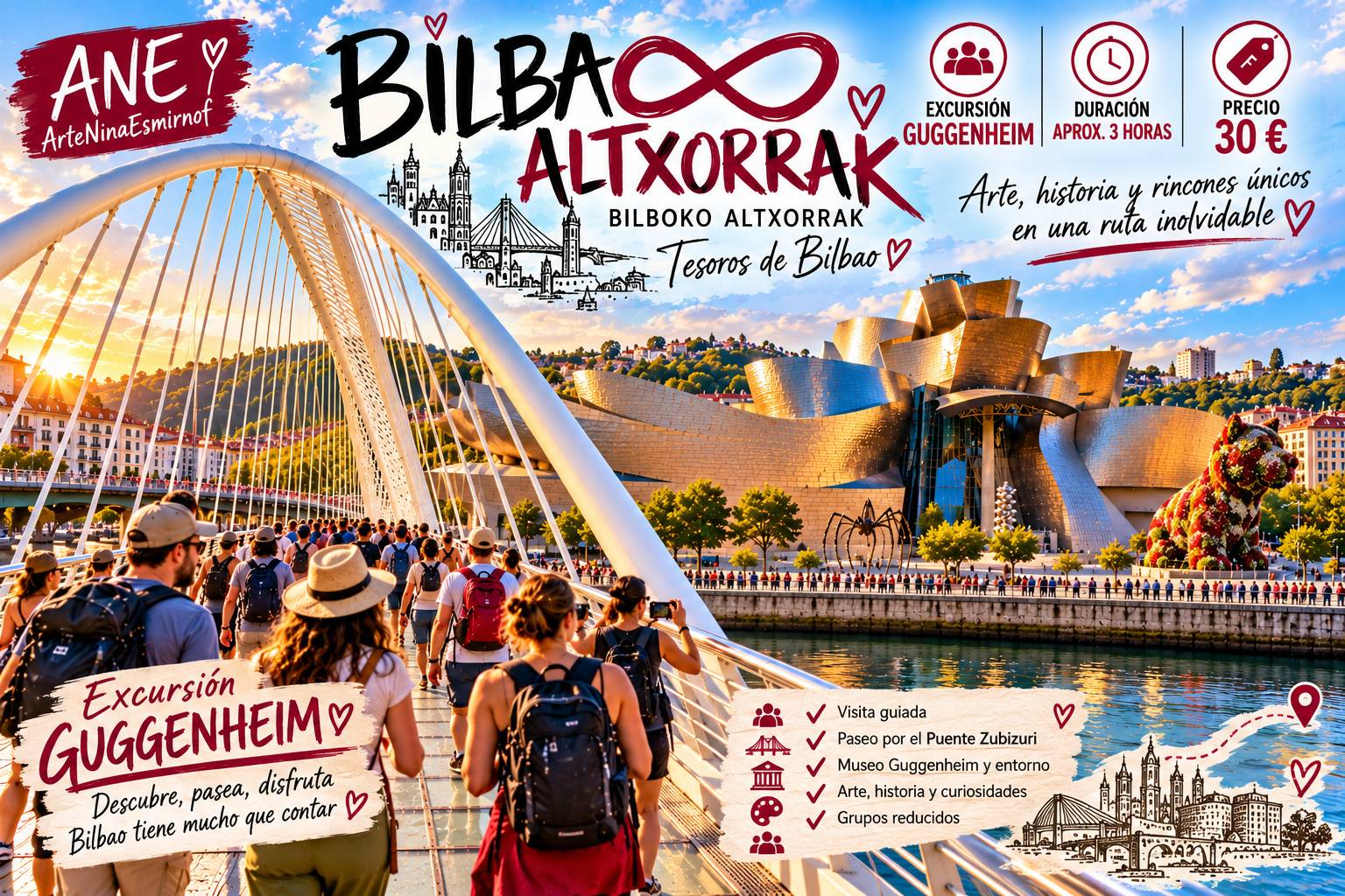 Cartel ilustrado de la excursión Bilbao Altxorrak al Guggenheim