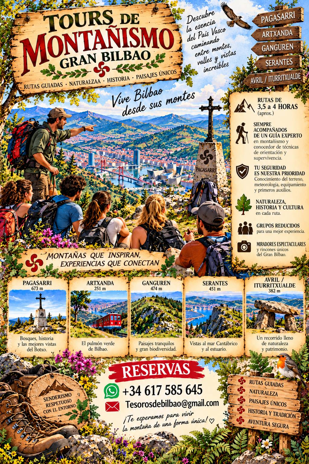 Cartel ilustrado con rutas de montañismo por cinco montes de Gran Bilbao