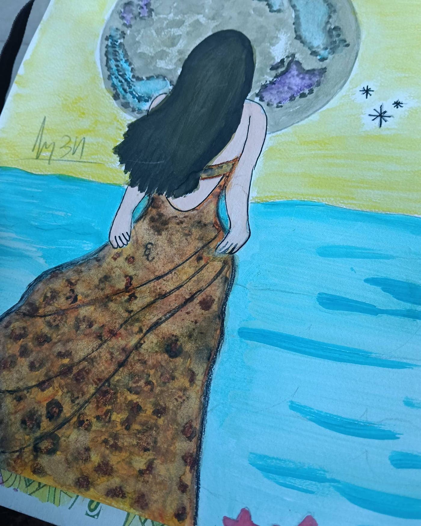 Pintura de una mujer de espaldas junto al mar