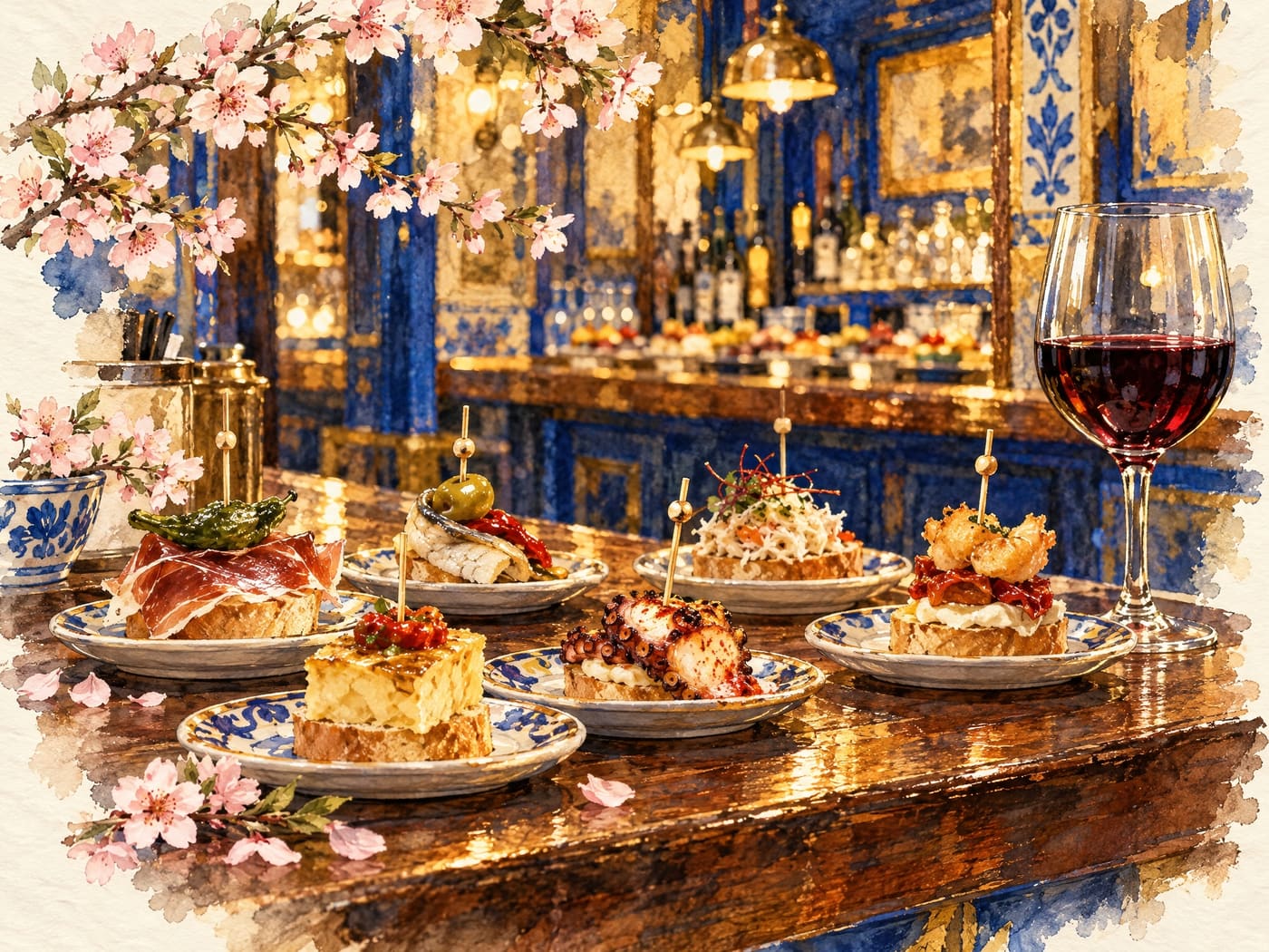 Pintxos y una copa de vino sobre una barra de madera