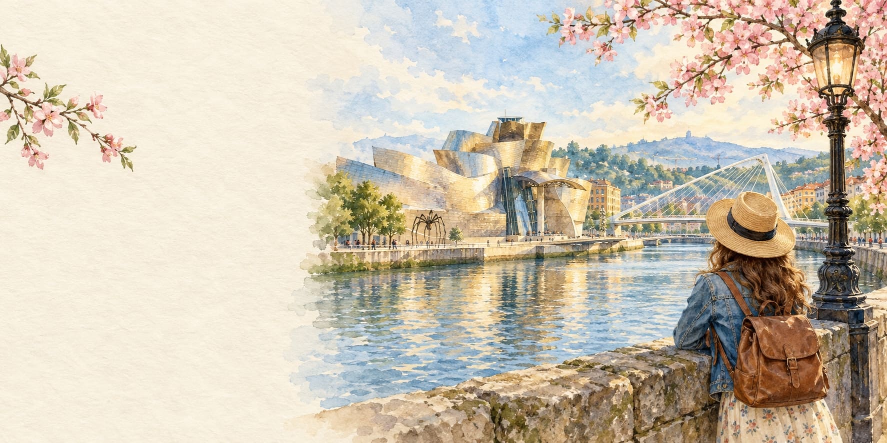 Viajera de espaldas mirando el Guggenheim y la ría de Bilbao, en acuarela