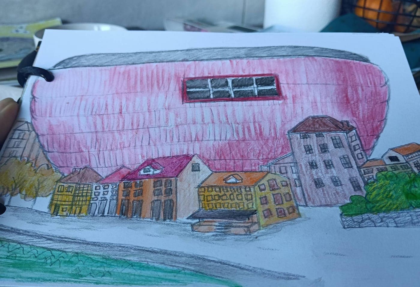 Ilustración coloreada a mano de San Mamés y las casas de la ría