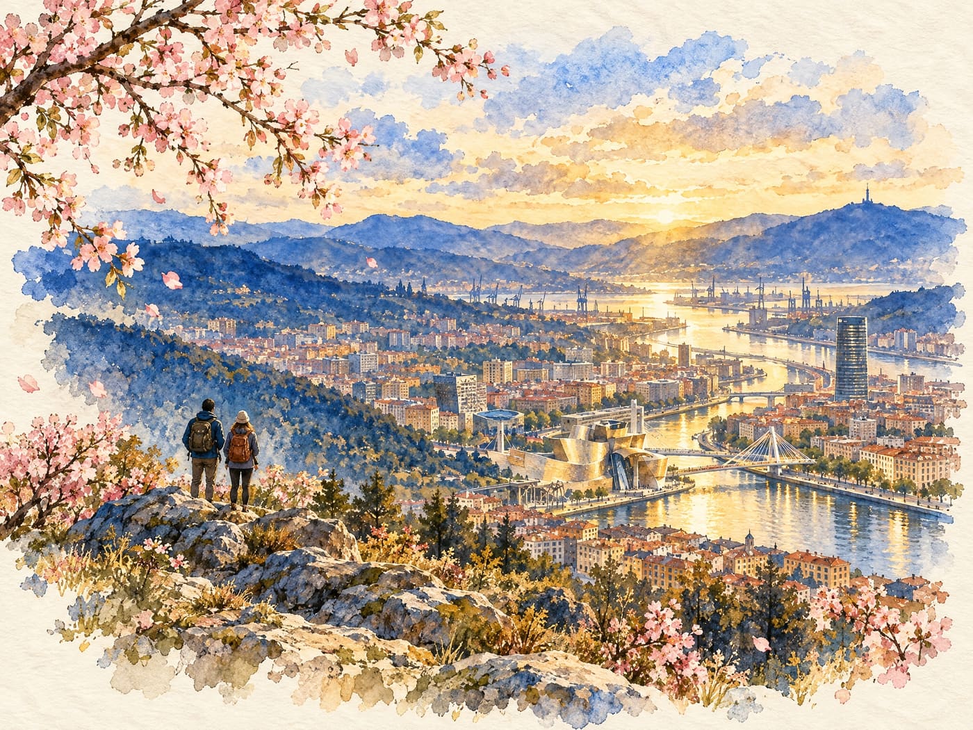 Dos senderistas en el monte con vistas a Bilbao