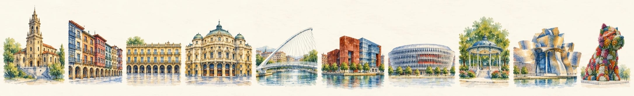 Acuarela con los diez lugares emblemáticos de Bilbao