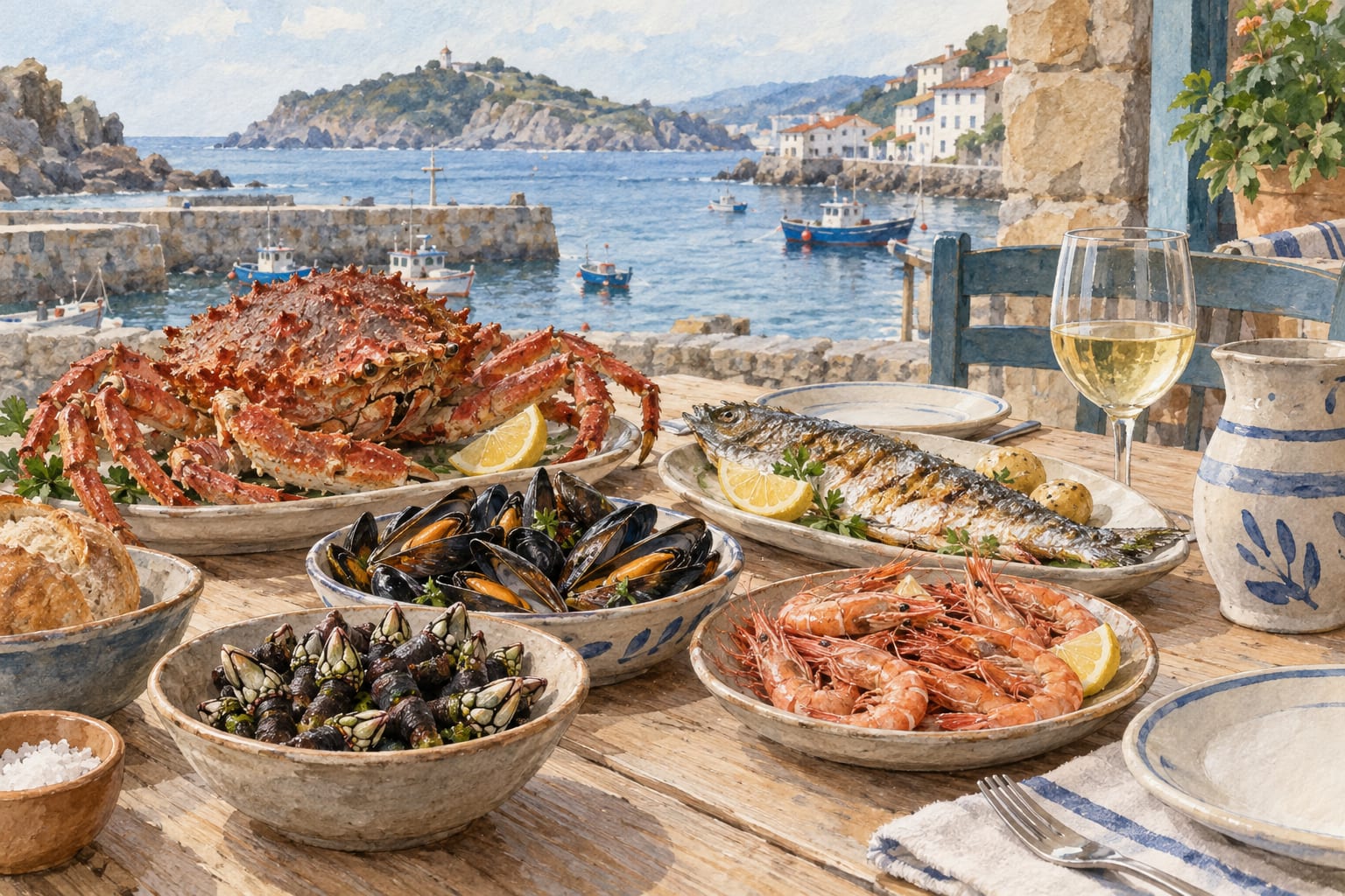 Mesa con marisco y pescado del Cantábrico en un restaurante
