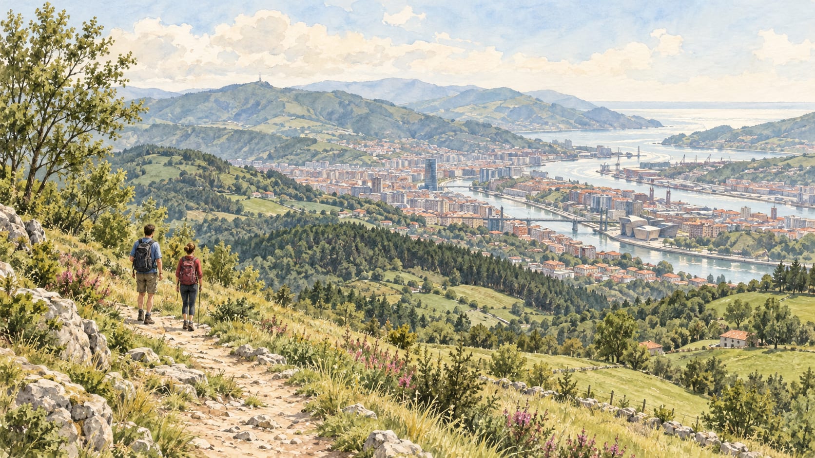 Senderistas recorren un camino de montaña con vistas a Bilbao y la ría