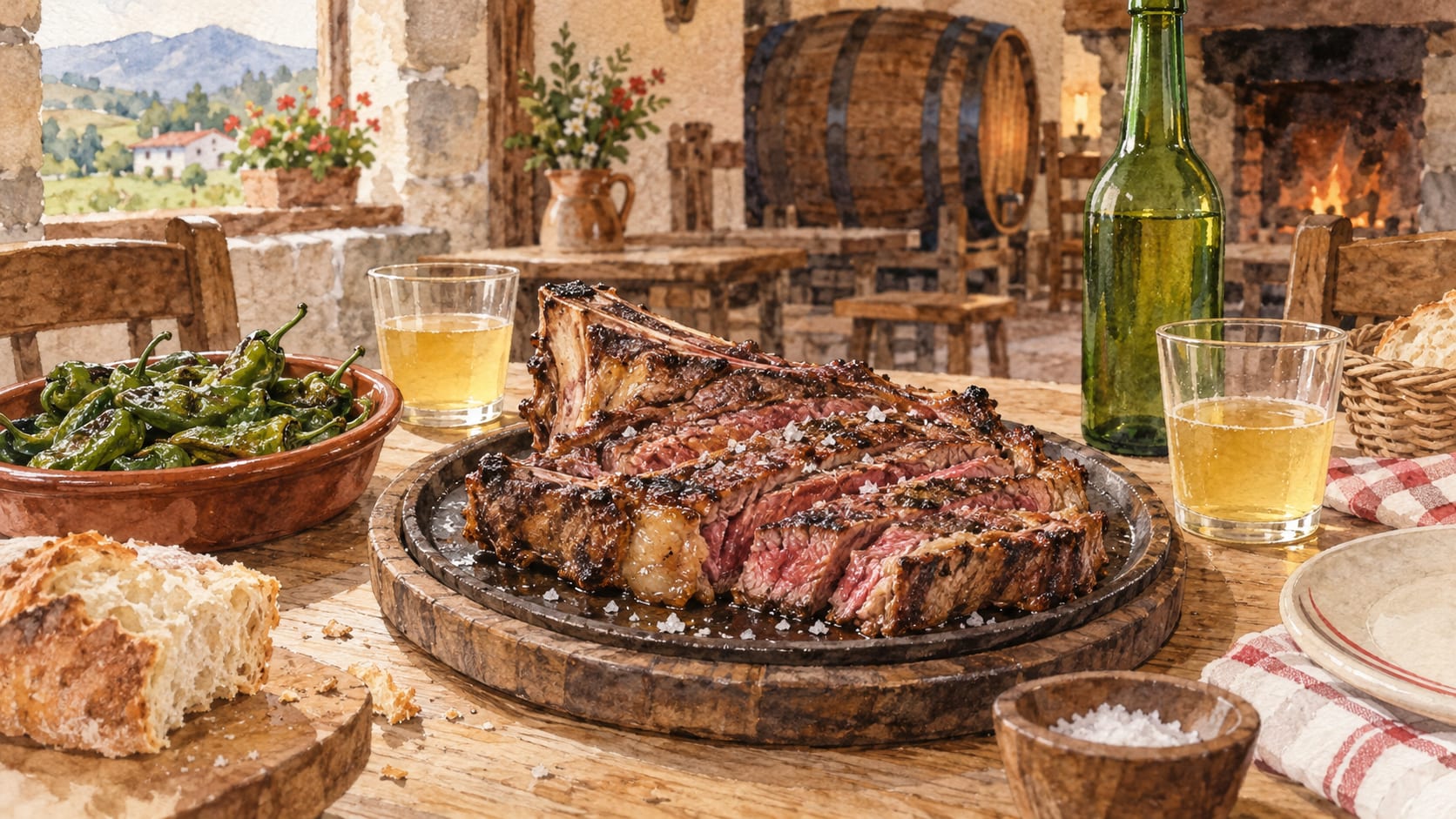 Mesa de sidrería con chuletón, pimientos de Gernika y sidra