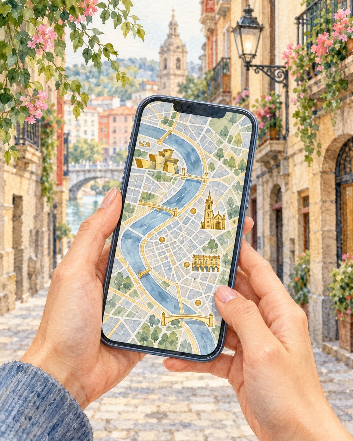 Manos con un móvil que muestra un mapa ilustrado de Bilbao